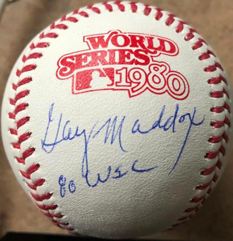 Garry Maddox Autographed Rawlings Official 1980 World Series Baseball 1980 WSC Insc
